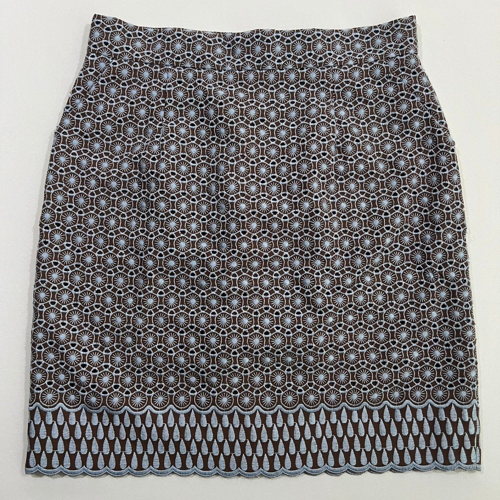 Antonio Melani Pencil Skirt Eyelet Embroidered Scalloped Brown‎ Blue Womens 14